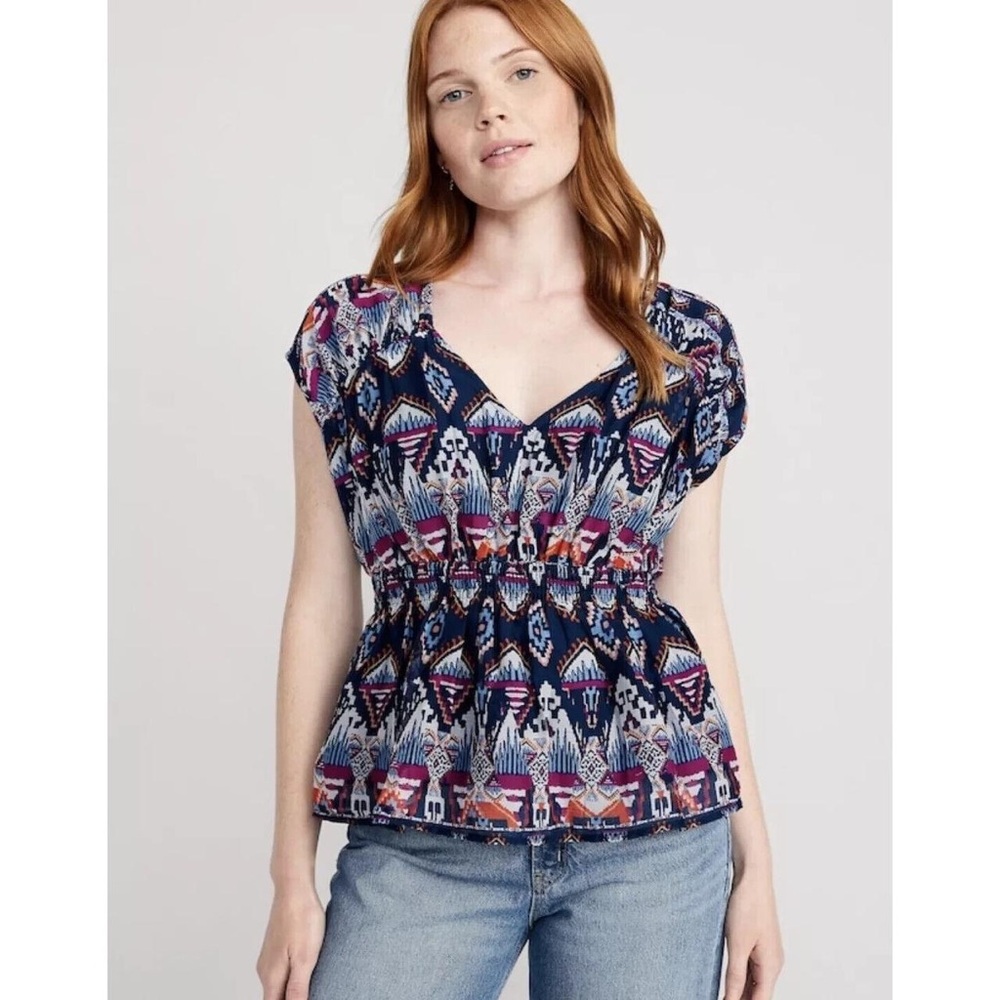 Old Navy Multicolor Patterned Blouse V Neck Waste Defining Flowy Bohemian Vibes